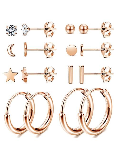 Milacolato 8 Pairs Sterling Silver Stud Earrings Set for Women Ball Dot CZ Star Moon Bar Tiny Earring Small Hoop Cartilage Earrings Set