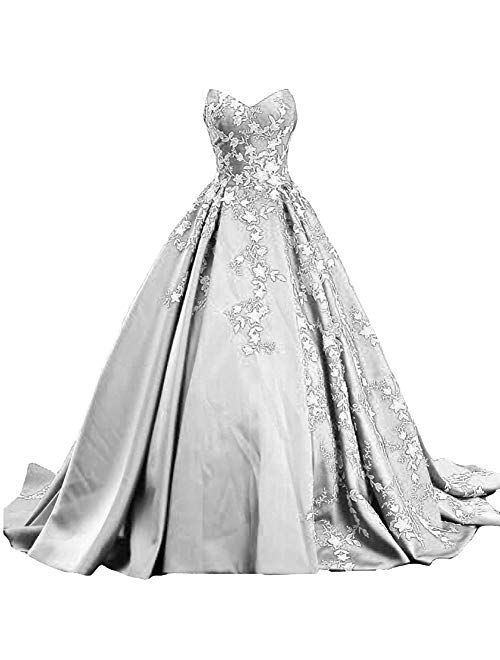 Kivary White Lace Long Ball Gown Satin V Neck Formal Prom Evening Dresses Gothic