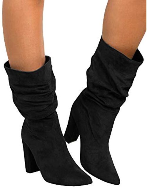 Syktkmx Womens Winter Slouchy High Heel Boots Mid Calf Suede Slip on Chunky Block Pointed Toe Boots