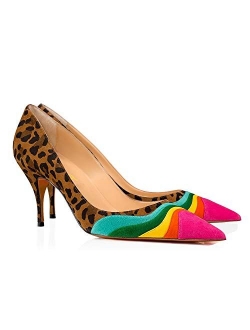 FOWT Women Kitten Heels Pumps High Heel Pointed Toe Pump Slip-on Suede Leather Rainbow Shoes for Dress Party Girl Ladies Size 4-16 M US