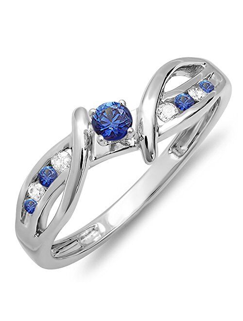 Dazzlingrock Collection 18K Blue Sapphire & Diamond Crossover Split Shank Bridal Promise Ring, White Gold