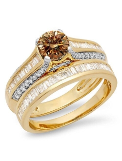 Collection 1.25 Carat (ctw) 14K Gold Round & Baguette Champagne & White Diamond Bridal Engagement Ring Set 1 1/4 CT