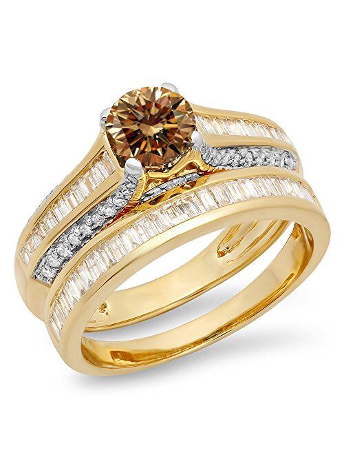 Dazzlingrock Collection 1.25 Carat (ctw) 14K Gold Round & Baguette Champagne & White Diamond Bridal Engagement Ring Set 1 1/4 CT