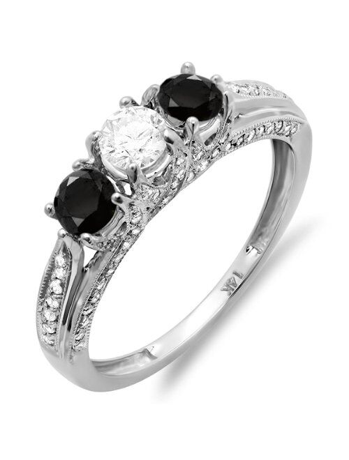 Dazzlingrock Collection 1.00 Carat (ctw) 14k Round White & Black Diamond Ladies Vintage Bridal 3 Stone Engagement Ring, White Gold