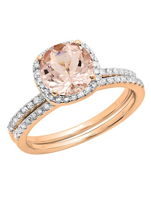 Dazzlingrock Collection 10K Gold Round Morganite & White Diamond Ladies Bridal Halo Engagement Ring with Matching Band Set