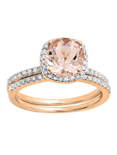 Dazzlingrock Collection 10K Gold Round Morganite & White Diamond Ladies Bridal Halo Engagement Ring with Matching Band Set