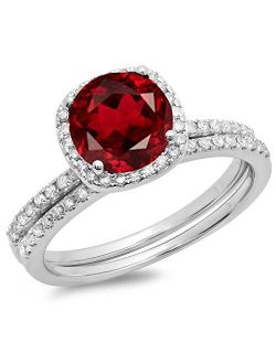 Collection 10K Gold Round Cut Garnet & White Diamond Ladies Bridal Halo Engagement Ring with Matching Band Set