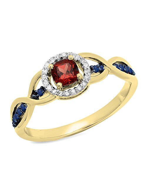 Dazzlingrock Collection 14K Gold Cushion Garnet & Round Blue Sapphire & White Diamond Swirl Bridal Engagement Ring