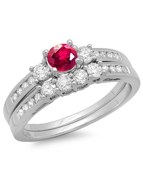 Dazzlingrock Collection 10K Round Ruby & White Diamond Ladies Bridal Engagement Ring Matching Band Set, White Gold