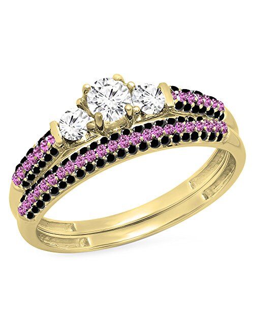 Dazzlingrock Collection 10K Gold Round White & Pink Sapphire, Black Diamond 3 Stone Bridal Engagement Ring Set