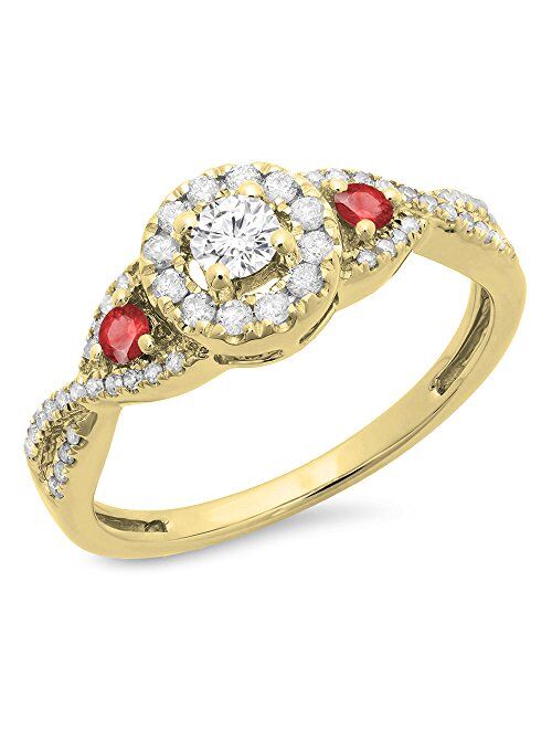 Dazzlingrock Collection 10K Round Ruby & White Diamond Ladies 3 Stone Swirl Halo Style Vintage Bridal Engagement Ring, White Gold