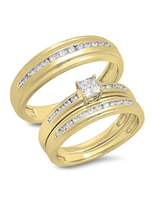 Dazzlingrock Collection 0.85 Carat (ctw) 10K Gold Princess & Round Cut White Diamond Men & Women's Ring Trio Bridal Set