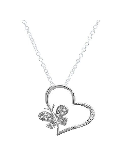 Dazzlingrock Collection 0.15 Carat (ctw) Round Diamond Butterfly Charm Heart Pendant, FREE CHAIN, Sterling Silver