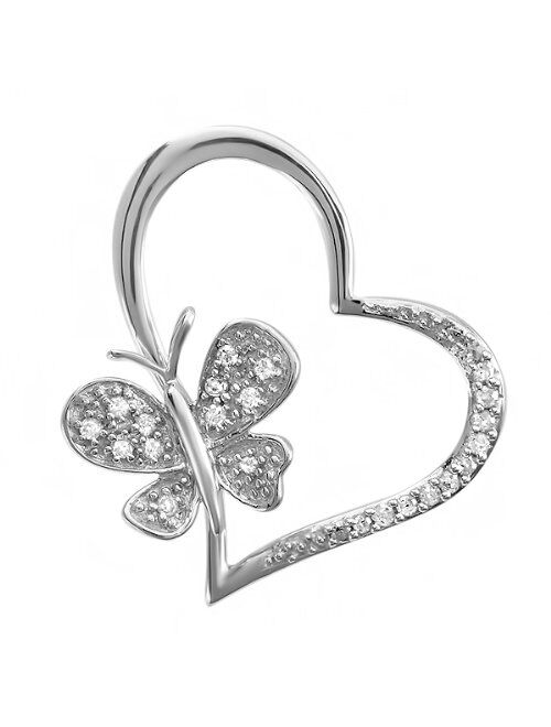 Dazzlingrock Collection 0.15 Carat (ctw) Round Diamond Butterfly Charm Heart Pendant, FREE CHAIN, Sterling Silver