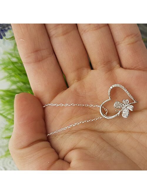 Dazzlingrock Collection 0.15 Carat (ctw) Round Diamond Butterfly Charm Heart Pendant, FREE CHAIN, Sterling Silver