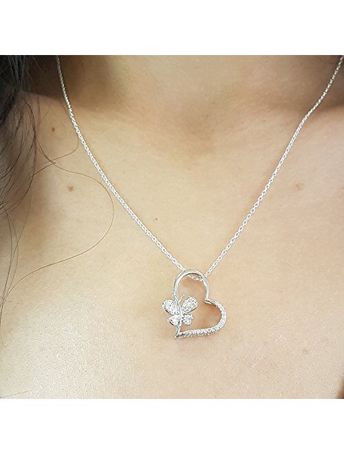 Dazzlingrock Collection 0.15 Carat (ctw) Round Diamond Butterfly Charm Heart Pendant, FREE CHAIN, Sterling Silver