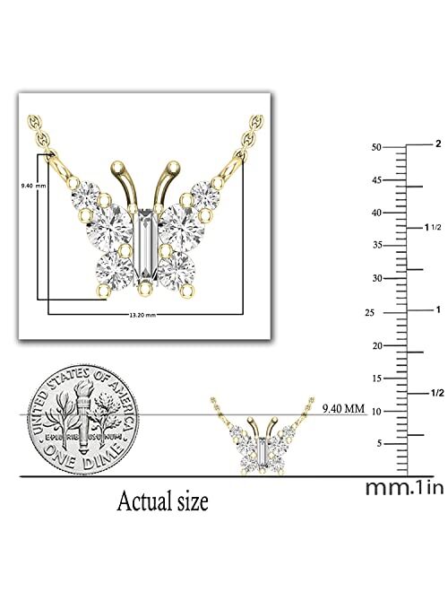 Dazzlingrock Collection 0.50 Carat (ctw) Round & Baguette Diamond Butterfly Pendant for Her 1/2 CT | 14K Yellow Gold | 14.5 inch Chain Plus 1 inch Extension