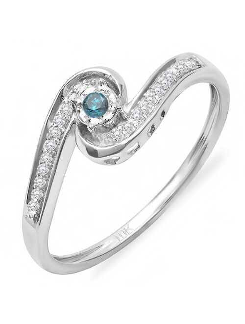 Dazzlingrock Collection 0.15 Carat (ctw) 10k Round Blue And White Diamond Ladies Swirl Promise Engagement Ring, White Gold