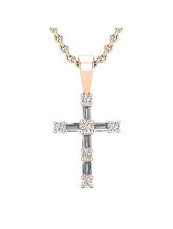 Collection 0.25 Carat (ctw) Round & Baguette Lab Grown White Diamond Ladies Cross Religious Pendant 1/4 CT, Available in Metal 10K/14K/18K Gold & 925 Sterlin