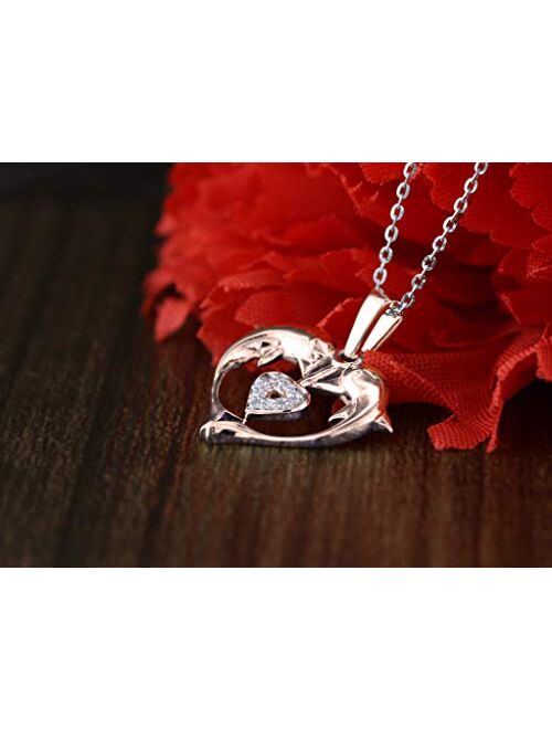 Dazzlingrock Collection 0.05 Carat (ctw) 10K Gold Round White Diamond Ladies Heart Shape Double Dolphin Pendant