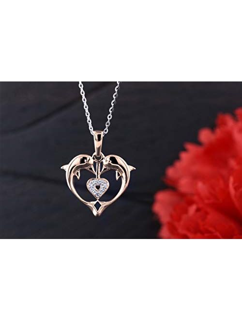 Dazzlingrock Collection 0.05 Carat (ctw) 10K Gold Round White Diamond Ladies Heart Shape Double Dolphin Pendant