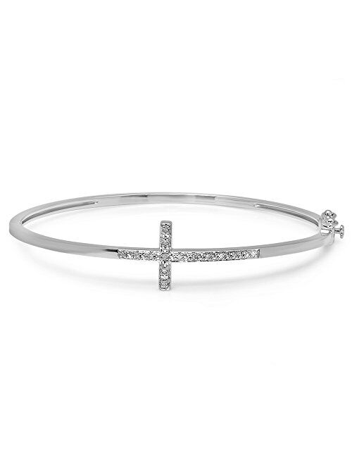 Dazzlingrock Collection 0.10 Carat (ctw) Round Cut White Diamond Ladies Sideways Cross Bangle Bracelet 1/10 CT, Sterling Silver