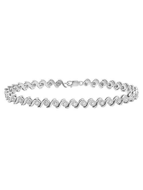 Dazzlingrock Collection 0.20 Carat (ctw) Round Cut Diamond Ladies"S" Curve Tennis Bracelet 1/5 CT, Sterling Silver