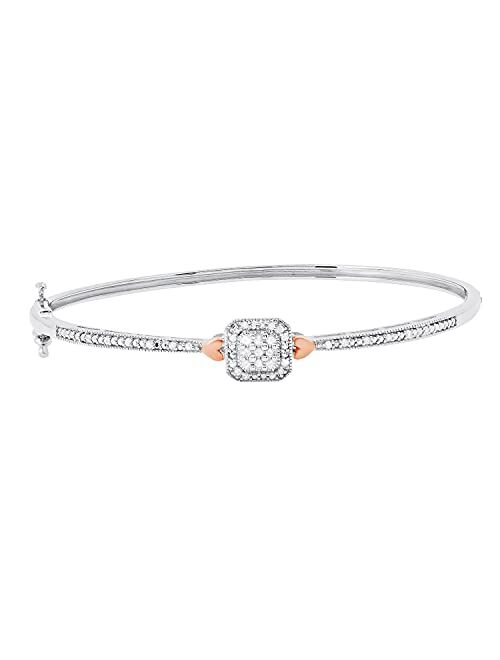 Dazzlingrock Collection 0.25 Carat (ctw) Round White Diamond Octagon Frame Cluster Dual Heart Beaded Style Bangle Bracelet for Her 1/4 CT, White & Rose Gold Plated Two To