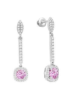 Collection 10K 6 MM Each Round Gemstone & White Diamond Ladies Halo Style Dangling Drop Earrings, White Gold