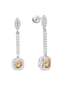 Collection 10K 6 MM Each Round Gemstone & White Diamond Ladies Halo Style Dangling Drop Earrings, White Gold