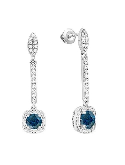 Collection 10K 6 MM Each Round Gemstone & White Diamond Ladies Halo Style Dangling Drop Earrings, White Gold