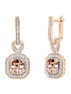 Collection 10K 6.5 MM Asscher Gemstone & Round White Diamond Ladies Halo Dangling Drop Earrings, Rose Gold