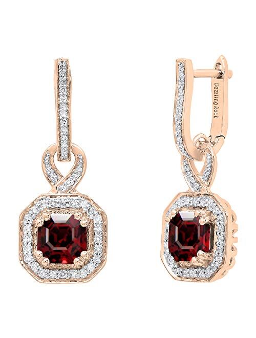 Dazzlingrock Collection 10K 6.5 MM Asscher Gemstone & Round White Diamond Ladies Halo Dangling Drop Earrings, Rose Gold