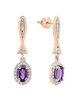 Collection 10K 6X4 MM Each Oval Gemstone & Round White Diamond Ladies Dangling Drop Earrings, Rose Gold