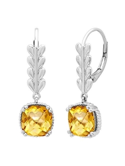 Collection 8 MM Each Cushion Gemstone Ladies Leaf Style Dangling Drop Earrings, Available in Various Gemstones in 10K/14K/18K Gold & 925 Sterling Silver