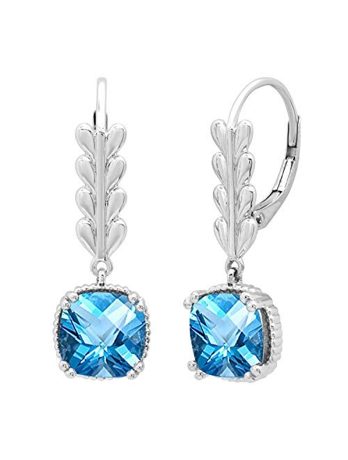 Dazzlingrock Collection 8 MM Each Cushion Gemstone Ladies Leaf Style Dangling Drop Earrings, Available in Various Gemstones in 10K/14K/18K Gold & 925 Sterling Silver