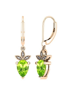 Collection 9X6 mm Each Pear Gemstone Ladies Strawberry Shape Three Leaf Beaded Dangling Fruit Earrings, Available in Various Metal 10K/14K/18K Gold