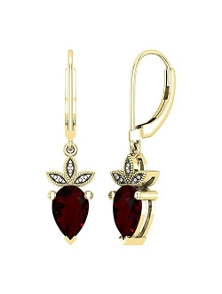 Collection 9X6 mm Each Pear Gemstone Ladies Strawberry Shape Three Leaf Beaded Dangling Fruit Earrings, Available in Various Metal 10K/14K/18K Gold