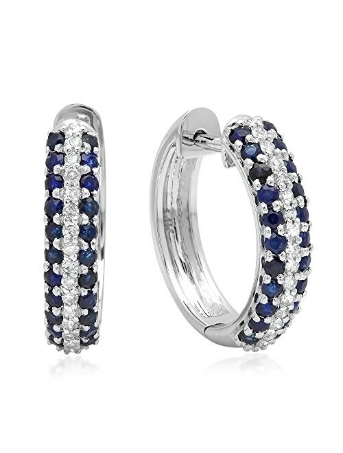 Dazzlingrock Collection 14K Round Blue Sapphire & White Diamond Ladies Pave Set Huggies Hoop Earrings, White Gold