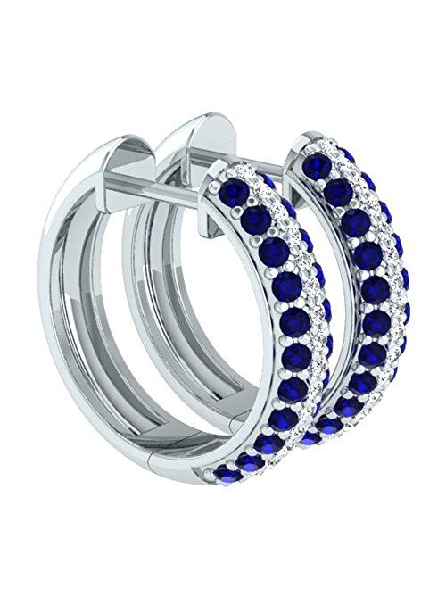 Dazzlingrock Collection 14K Round Blue Sapphire & White Diamond Ladies Pave Set Huggies Hoop Earrings, White Gold