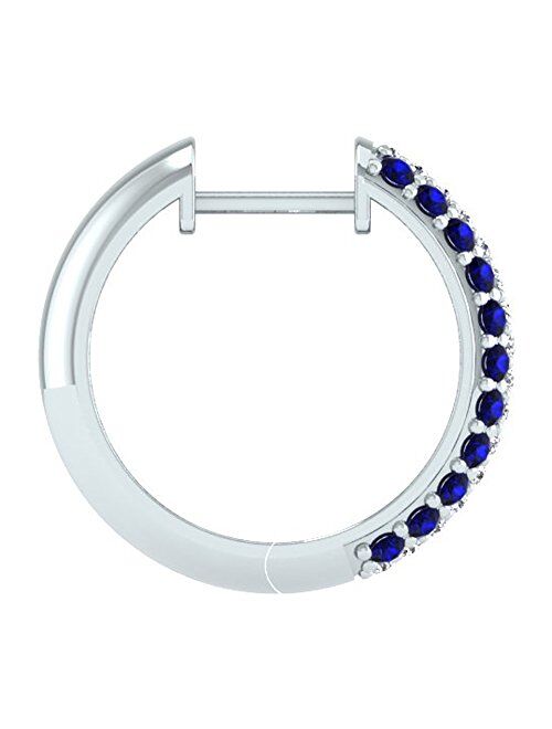 Dazzlingrock Collection 14K Round Blue Sapphire & White Diamond Ladies Pave Set Huggies Hoop Earrings, White Gold