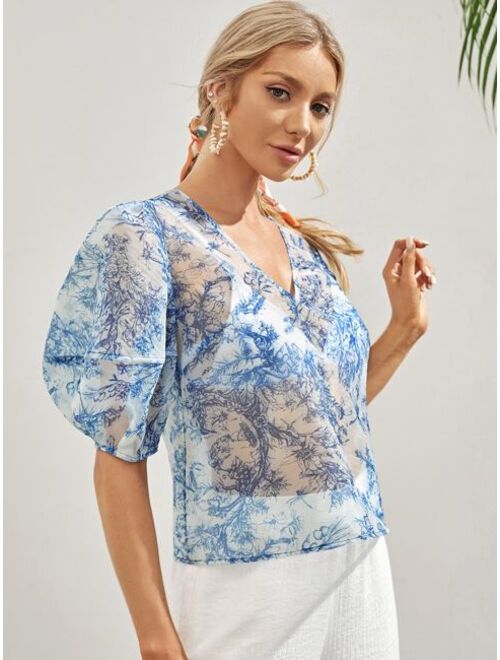 SHEIN Plants Puff Sleeve Sheer Organza Blouse Without Bra