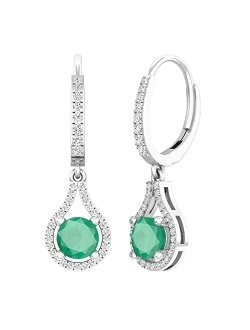 Collection 5.5 MM Round Gemstone & White Diamond Ladies Teardrop Frame Dangling Drop Earrings, Available in Various Gemstones in 10K/14K/18K Gold