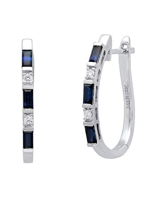 Dazzlingrock Collection 10K Gold Baguette Blue Sapphire & Round White Diamond Ladies Fashion Hoop Earrings