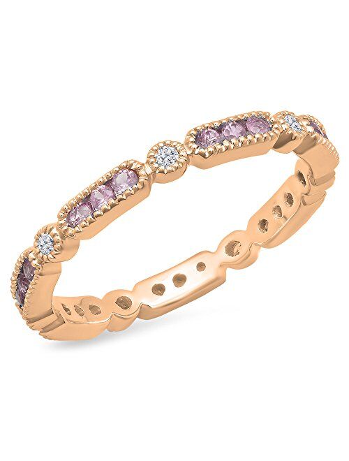 Dazzlingrock Collection 10K Round Pink Sapphire & White Diamond Ladies Vintage Wedding Eternity Stackable Band, Rose Gold