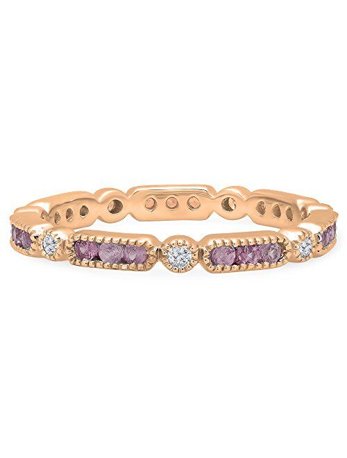 Dazzlingrock Collection 10K Round Pink Sapphire & White Diamond Ladies Vintage Wedding Eternity Stackable Band, Rose Gold