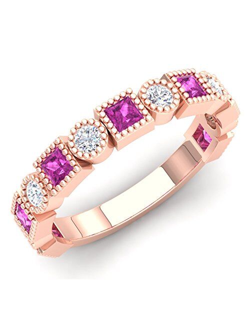 Dazzlingrock Collection 14K Gold Princess Cut Pink Sapphire & Round White Diamond Ladies Vintage Style Stackable Wedding Band