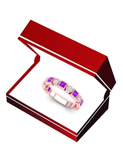 Dazzlingrock Collection 14K Gold Princess Cut Pink Sapphire & Round White Diamond Ladies Vintage Style Stackable Wedding Band