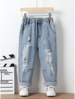 Toddler Boys Ripped Frayed Cat Scratch Elastic Waist Jeans
