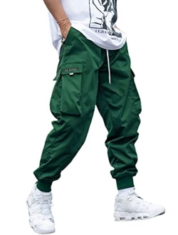 Men's Flap Pocket Drawstring Elastic Waist Letter Graphic Street Cargo Pants